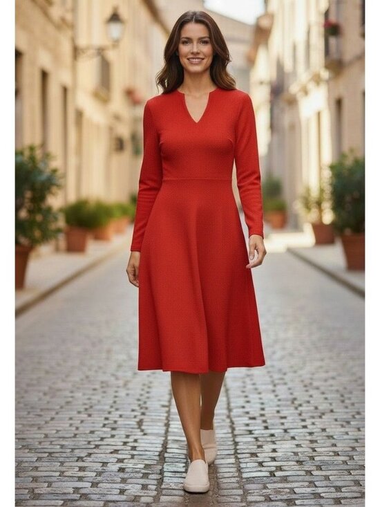 Lauren Ralph Lauren Dresses & Skirts - Lauren Ralph Lauren Womens Red Textured Long Sleeve A-Line Dress 8 Polyester